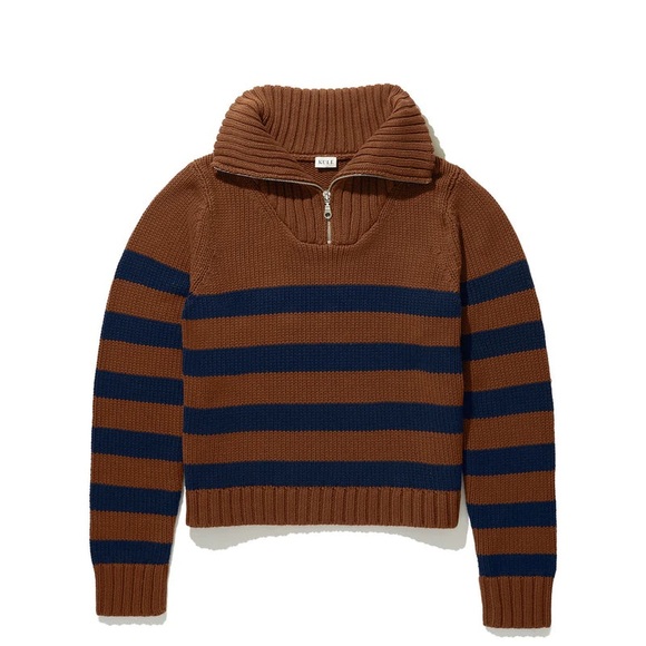 KULE The Matey | Brown and Navy Striped Quarter-Zip Sweater - Picture 3 of 12